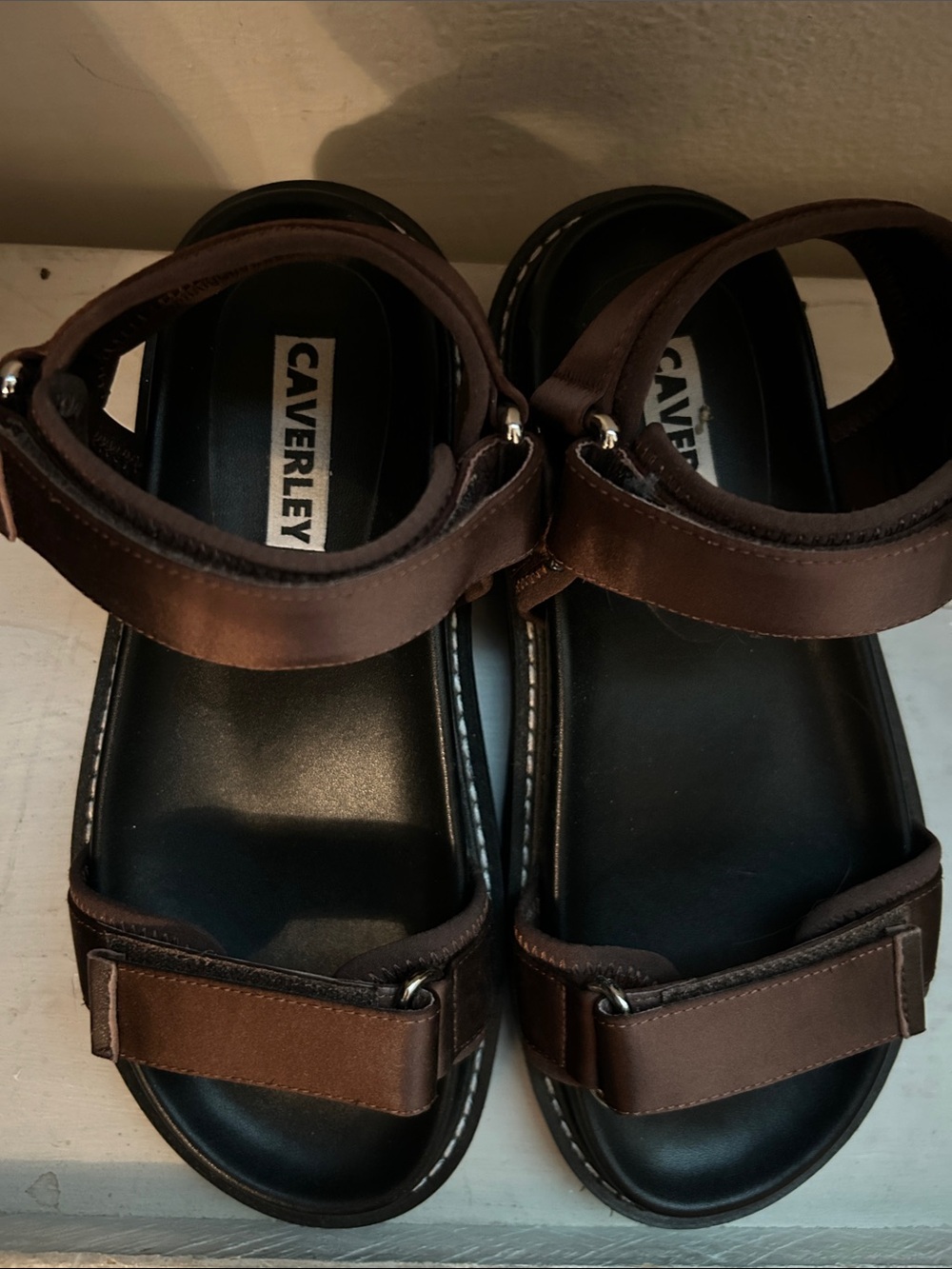 Caverley  Roni Strappy Sandals - Brown satin  with Black Leather Footbed